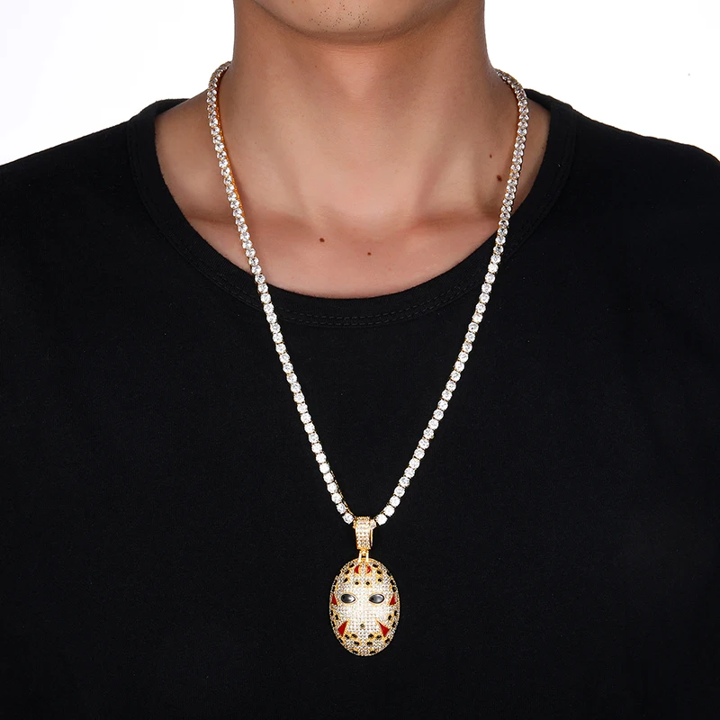 Iced Out Bling кубического циркония Джейсон маски ожерелья и подвески для мужчин хип хоп ювелирные изделия с теннисной цепочкой
