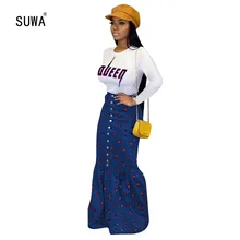 Темно-синие джинсовые юбки для женщин, юбки макси с высокой талией и пуговицами, модные Лоскутные юбки Русалочки YD8148G