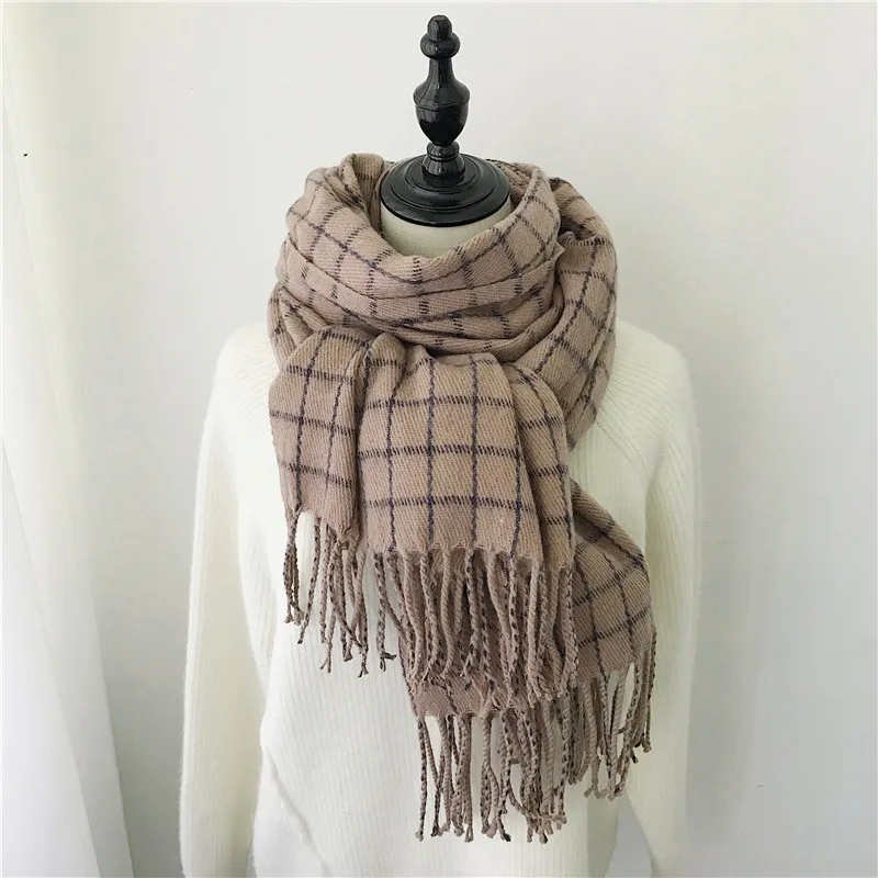 Winter Cashmere Scarves With Tassel Thick Warm Poncho Wool Plaid Print Neck Scarf For Women Fashion Shawls and Wraps Ladies