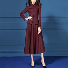 Винтаж Осень Зима Женское Платье Костюмы Комплект Шерсть Тонкий Блейзер Куртка шерстяная 2 предмета офисная Дамская одежда бордовый наряды