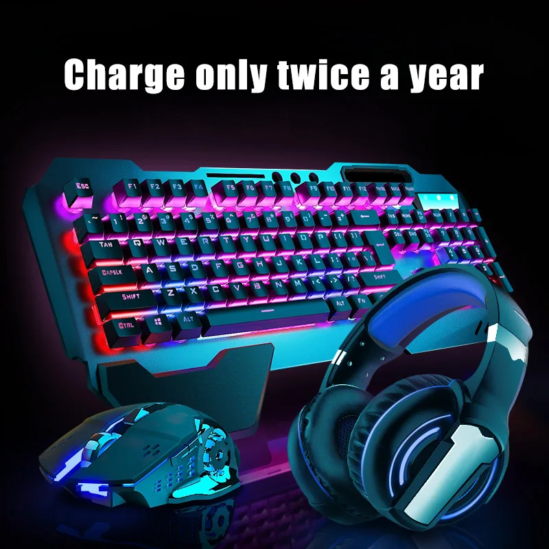 

2019 Hot Gaming Keyboard Mouse Set Chargable Wireless Keyboard with Colorful Lights Mouse with 4 Adjustable DPI For DOY