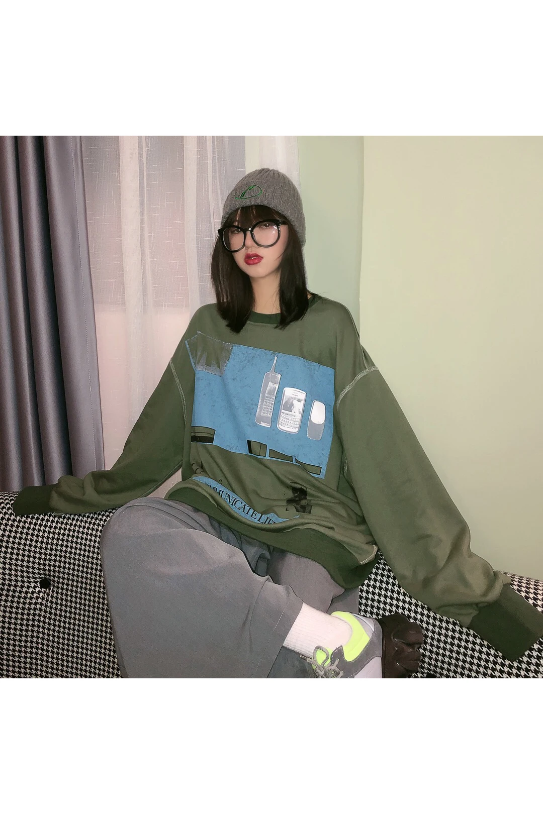Jasmine новые осенние свободные толстовки с длинными рукавами и принтом в виде мобильного телефона в стиле ретро, два цвета, толстовки с капюшоном