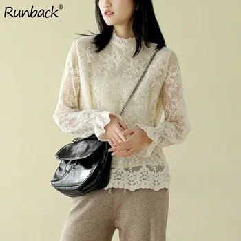 

Runback Lace Bluoses Cotton Thread Embroidered Hallow Out Tureleneck White Shirts Sexy Party Tunic Woman Pullovers Top Mujer