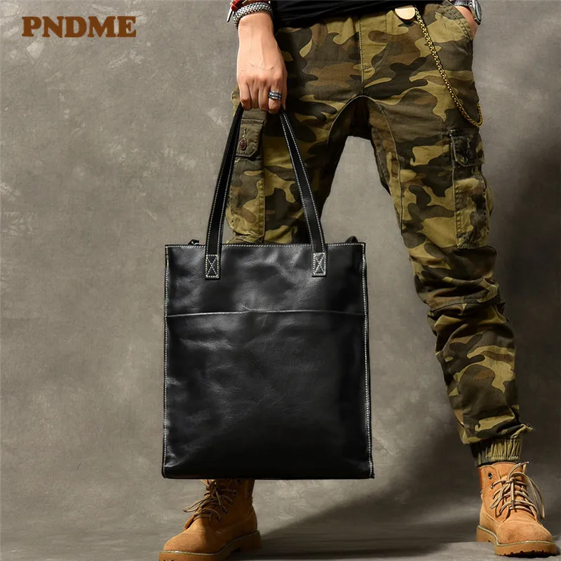 

PNDME casual simple high quality genuine leather men's women's shoulder bag fashion cowhide handbag black tote bag party holdall