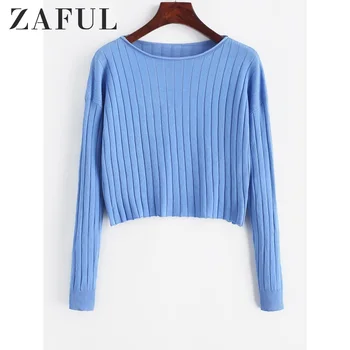 

ZAFUL Drop Shoulder Slash Neck Cropped Sweater 2019 New Long Sleeve Short Pullover Viscose Solid Elastic Daily Women Sweater