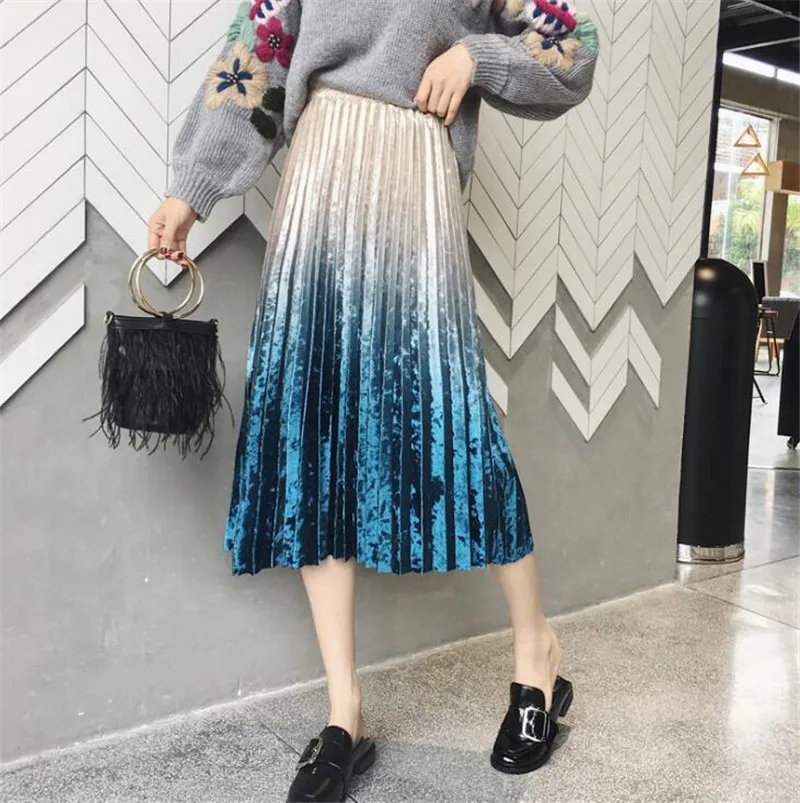 Women's Pleated Skirt Gold Velvet Gradient High Waist Long Pleated Skirt Autumn Winter Italian Design Fashion Blue Women Skirts