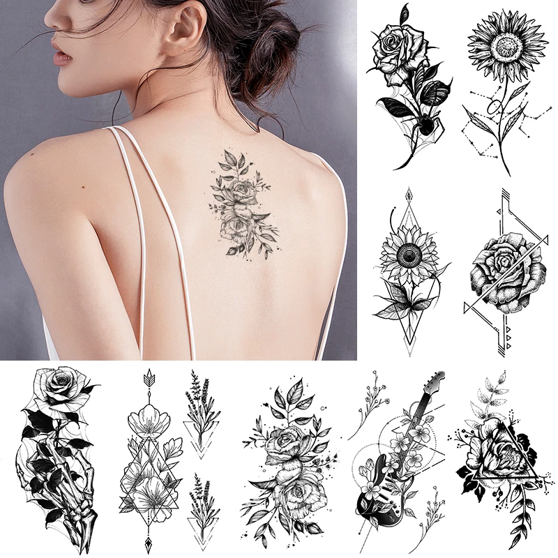 

Водостойкая временная татуировка-наклейка, черный пион, роза, цветок, леди, спина, руки, ноги, флэш-тату, искусственная татуировка, боди-арт для женщин и мужчин