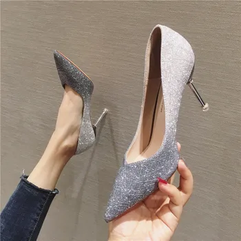 

Slip-On Crystal Basic Pumps for Women Thin Heels Pointed Toe Spring Autumm Party Ladies Pumps High Solid Single Shoes
