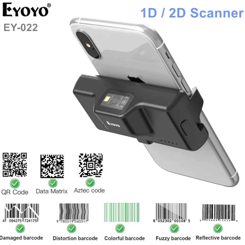 Eyoyo EY-022L1D/2D Back Clip Bluetooth Barcode Scanner Phone Portable Barcode Reader Data Matrix 1D Scanner Windows/Android/ iOS reflecta scanner Scanners