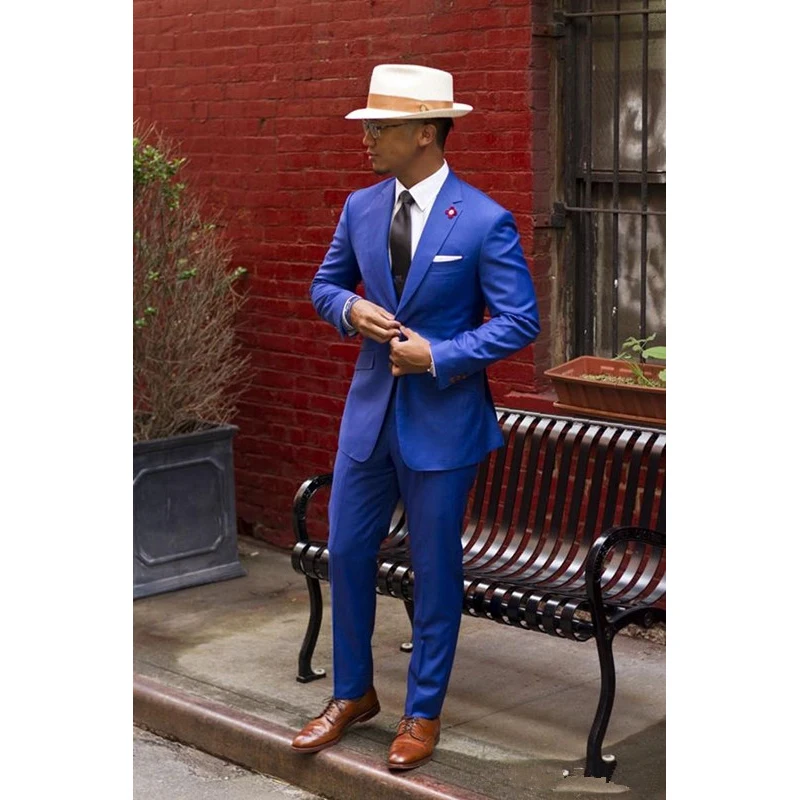 

2020 Custom Made Royal Blue Groom Tuxedos mens suits Slim Fit Notched Lapel Vintage Wedding Prom Men Suit ( jacket+Pants)