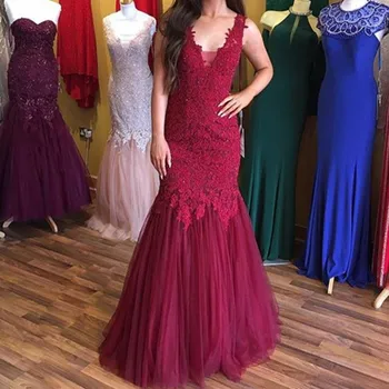 

Burgundy long mermaid evening dresses 2020 cap sleeve Sexy V Neck prom dress party gown formal dress vestido de festa