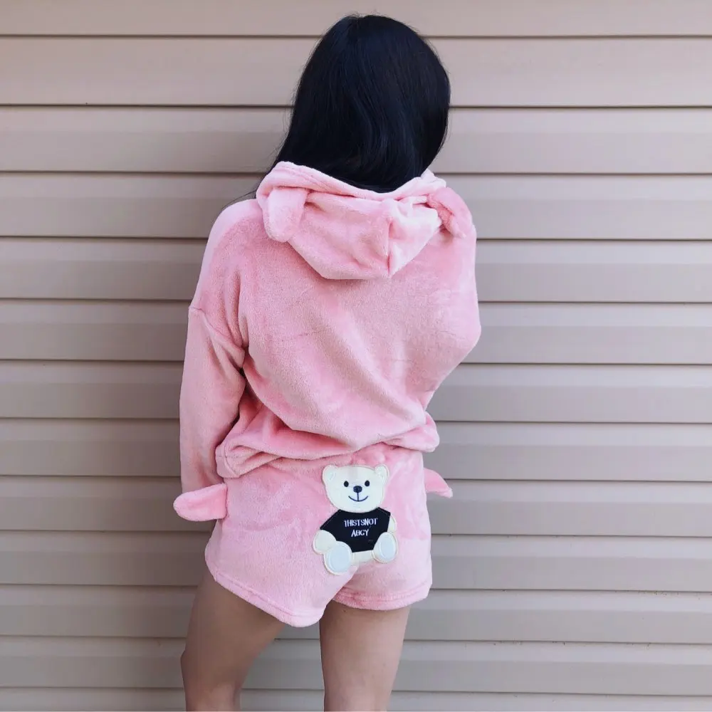 

2019 New Women Velvet Suit Cute Bear Pattern Two Piece Set Plus Size Autumn Winter Pajamas Warm Sleepwear Hoodies Shorts Set