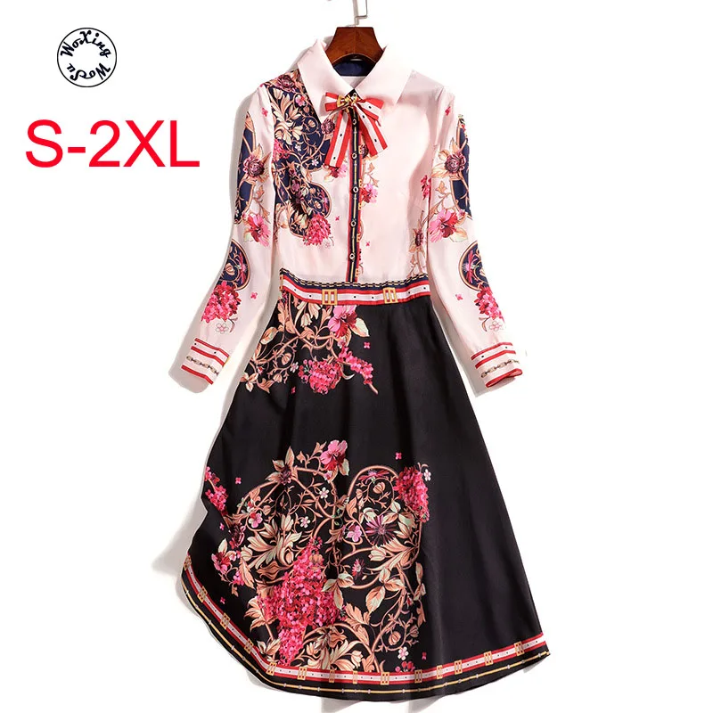 

2020 new early spring slim print color blocking waist show thin long sleeve bow temperament women retro dress trend S to XL