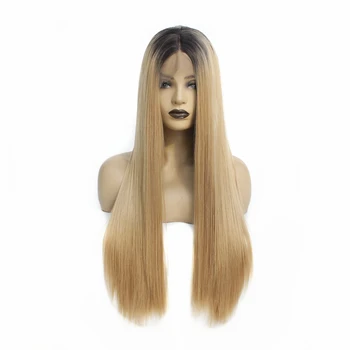 

Black Roots Ombre Light Brown Long Straight Wig 1b/27# Glueless Synthetic Lace Front Wigs for Women Heat Resistant Fiber Hair