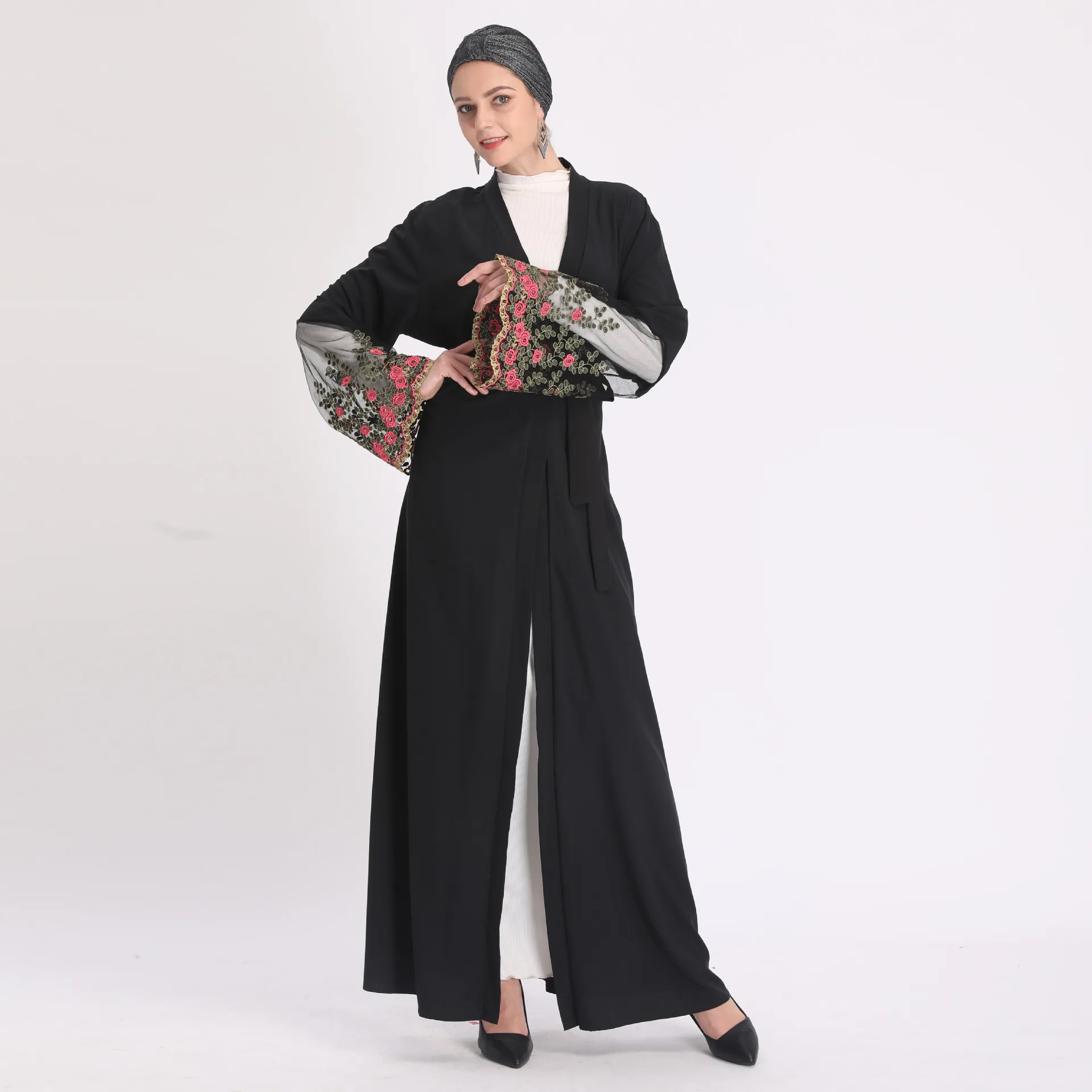 

Abaya Muslim Embroidery Lace Dubai Fashion Belt Cardigan Robe Islamic Ramadan Mosque Saudi Arab Emirates Women's Long Skirt