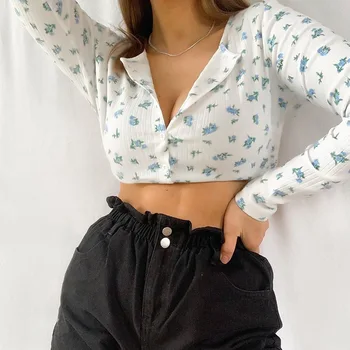 

Autumn Streetwear Casual Tee Tops Flower print V-neck Short T-shirt neck single-breasted Slim Short Sleeve Top