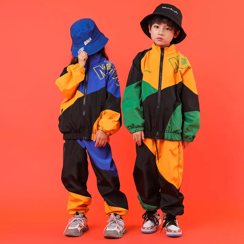 Kid Cool Hip Hop Clothing Color Block Windbreaker Jacket Top Streetwear Jogger Pants for Girls Boys Jazz Dance Costume Clothes |