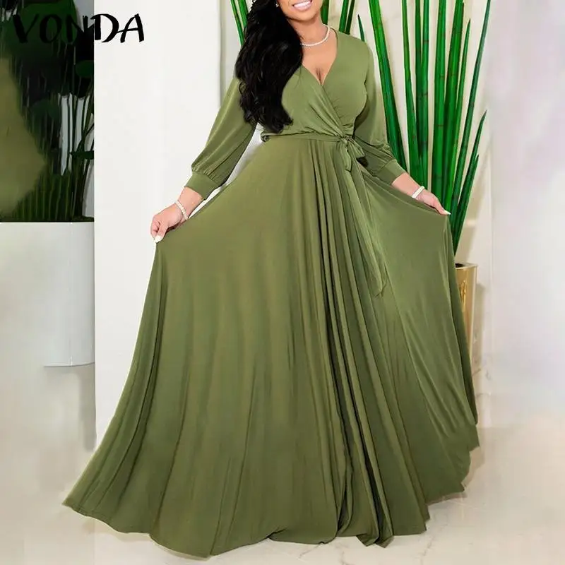 VONDA Women Elegant Party Dress 3 Colors Autumn Solid V Neck Pleated