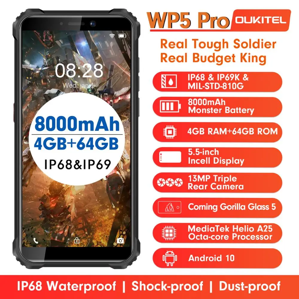 Смартфон OUKITEL WP5 Pro 4 Гб + 64 ГБ 8000 мАч влагозащита IP68 Android 10 тройная камера сканер