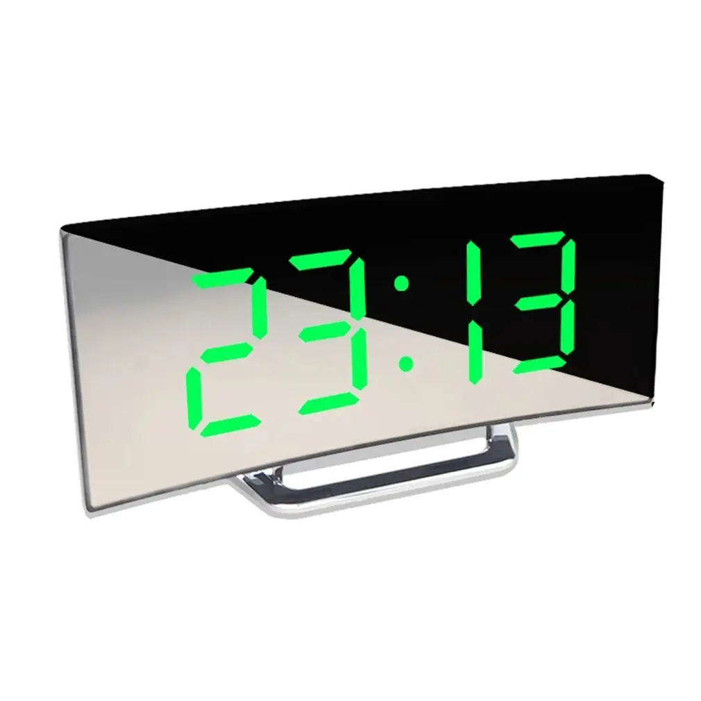 Digital Alarm Clock Led Curved Surface Mirror Electronic Table Clock