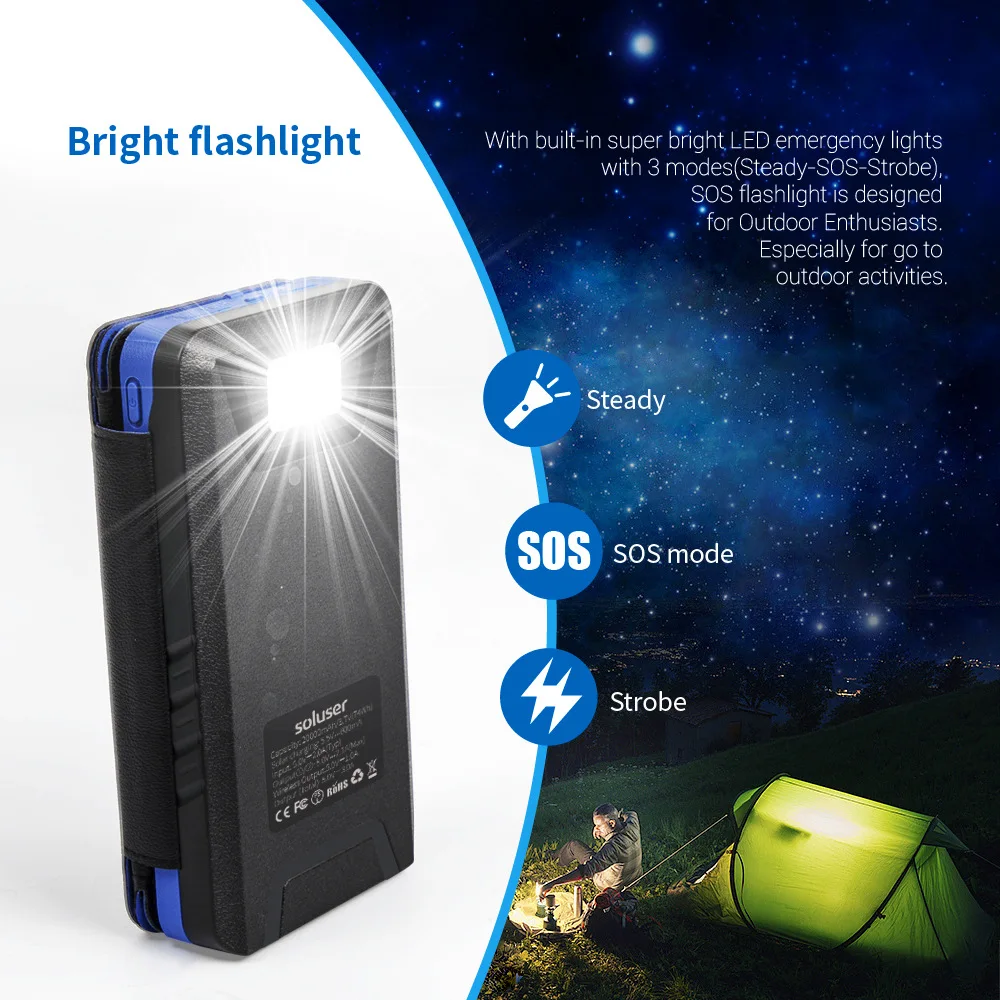 Camping Solar Wireless Charging Pad 20000 MA Capacity Parallel Panels Outdoor Waterproofing Portable Power Source Flashlight