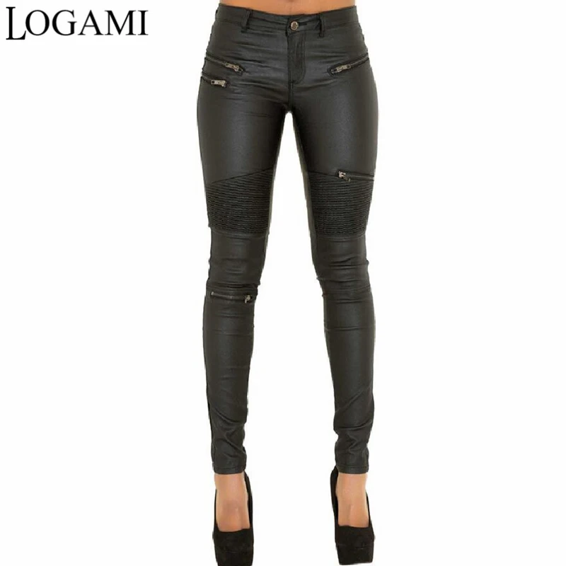 ladies cropped trousers LOGAMI Faux Leather Pants Women Elastic Zipper Leather Pants Trousers 2018 Leren Broeken corduroy pants