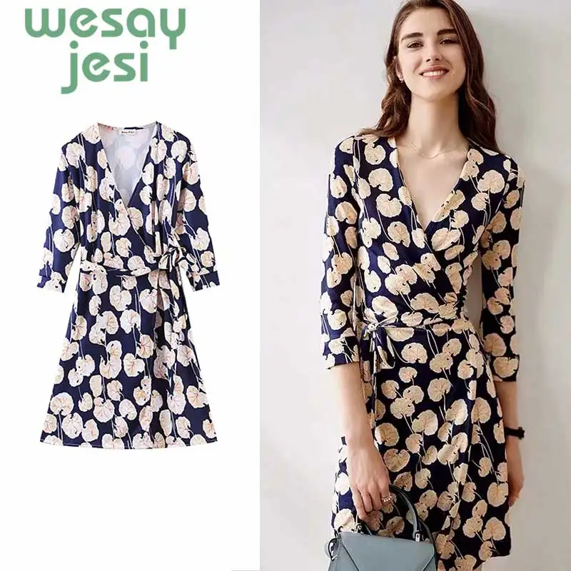 

Women Summer Dress Elegant casual girl chic dress women's three-quarter sleeve v-neck knee-length autumn graceful vestidos