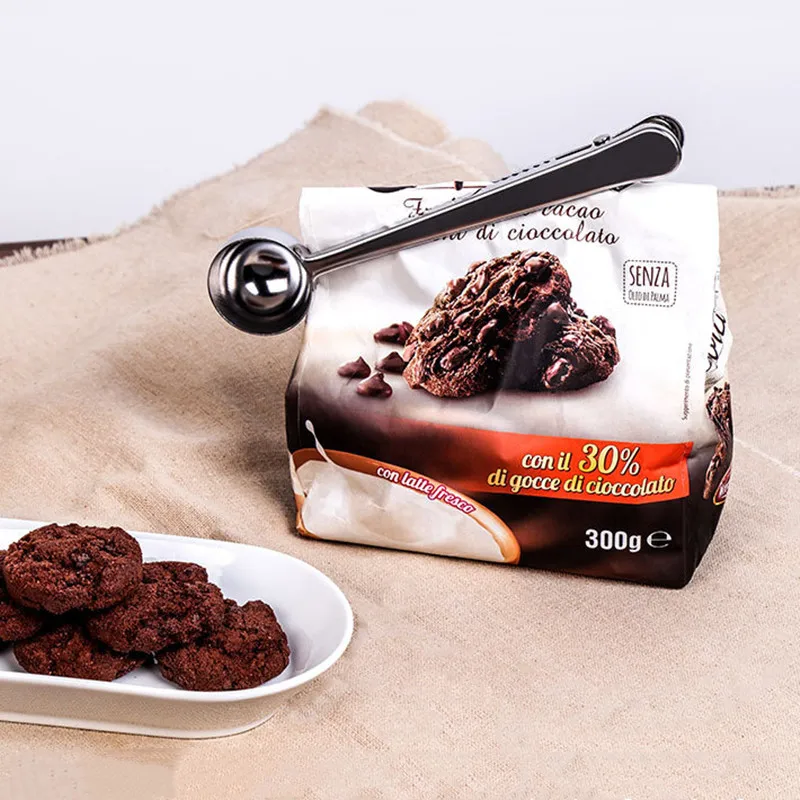 Multifunctional 2In1 Stainless Steel Coffee Measuring Scoop With Bag Clip Sealing Tea Measuring Spoon Scoop Durable Kitchen Tool