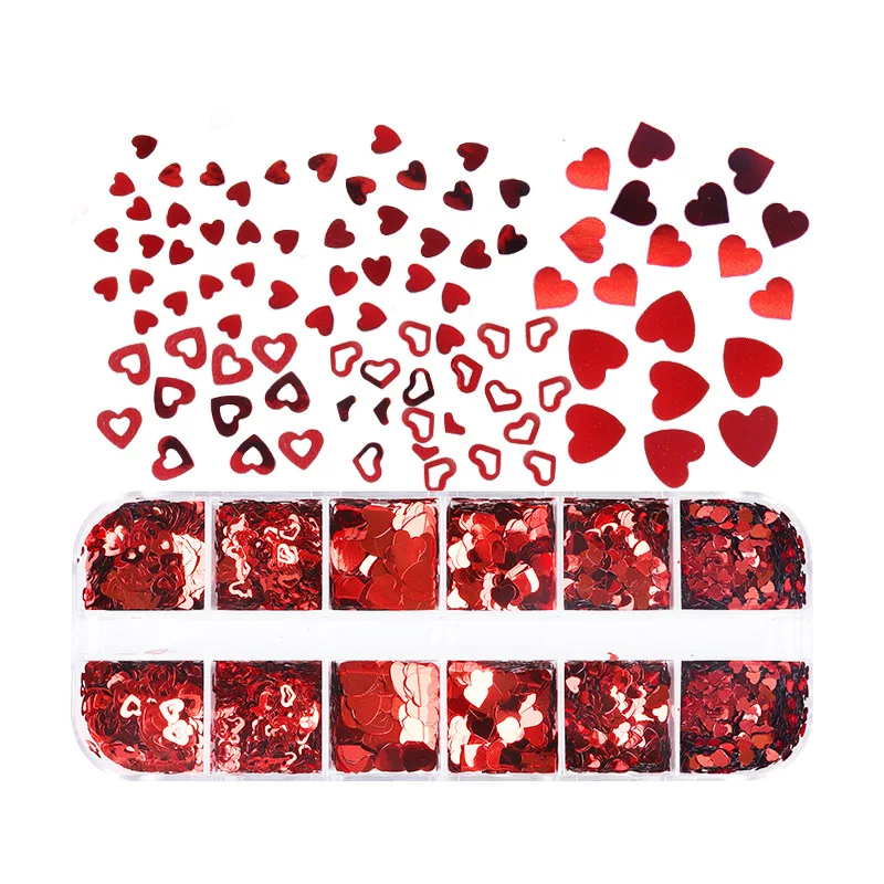 

12set 12 Grids/box Love Heart Valentine's Day 6 Design Nail Sequins Mixed Color Sparkle Glitter Flakes 3D Nail Art Decorations