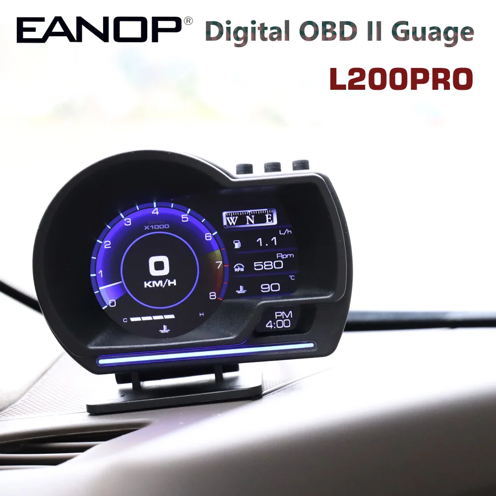 EANOP HUD L200pro OBD2 GPS Digital Guage Display Smart Head Up Speed Monitoring with 9 Interfaces Acceleration Turbo Brake Test