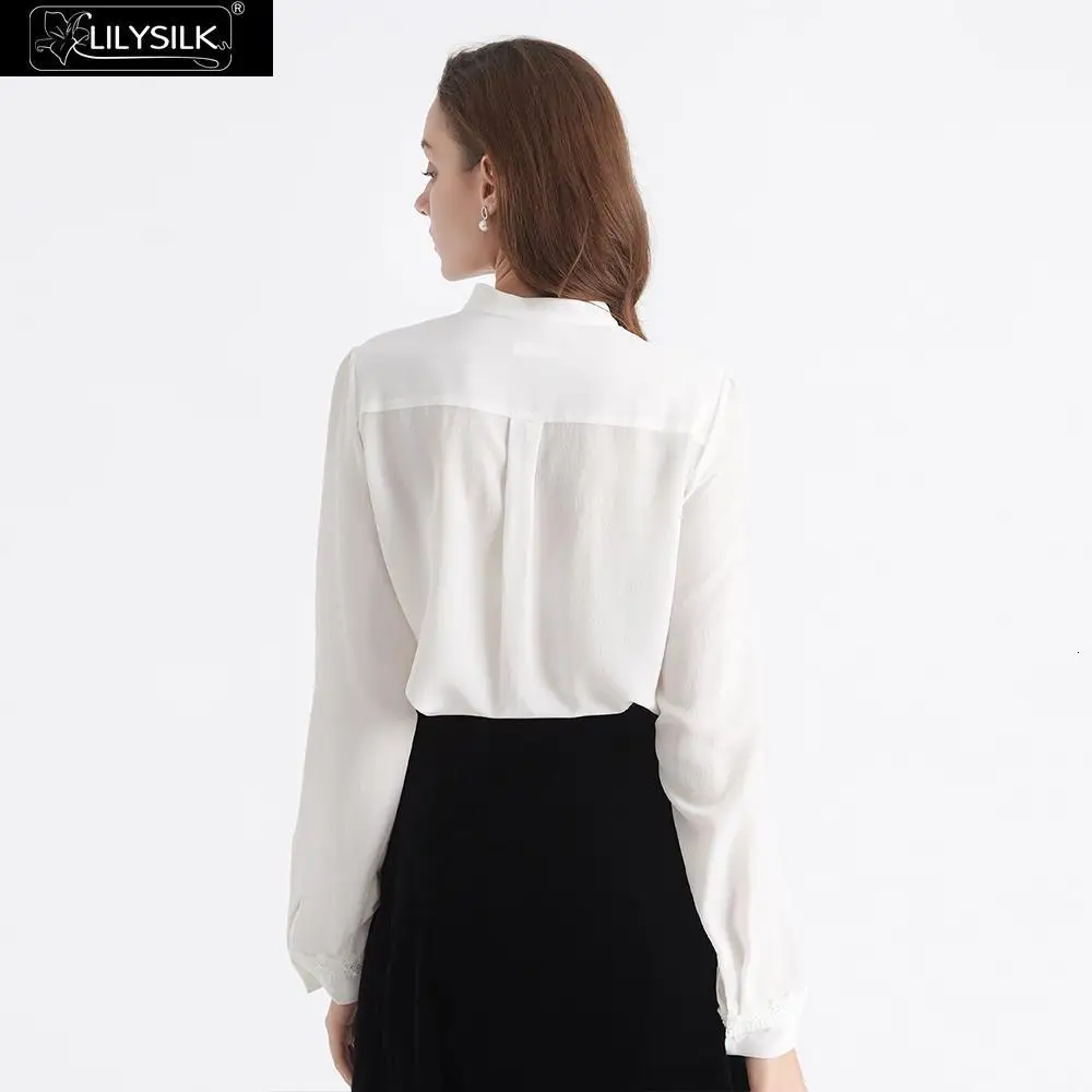 LilySilk Blouse Stand Collar Lace-Trim Silk Ladies New Free Shipping