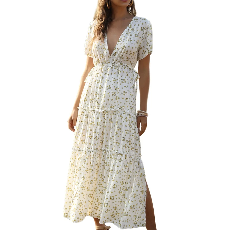 Женское сексуальное плиссированное платье с v-образным вырезом коротким рукавом