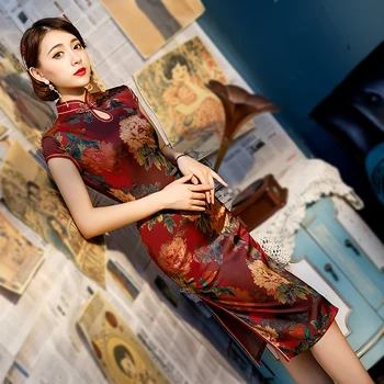 

Sheng Coco Novelty Red Retro Cheongsam Sexy Chinese Vintage Water Droplets Collar Short Qipao Women Oriental Style Party Dresses