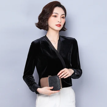 

2019 New Autumn blouse women Full Sleeve V-Neck Pleuche Languid Is Lazy Clothes blusas womens tops and blouses Black 6308