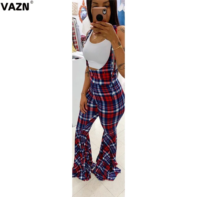 VAZN BN9198 цвет плед летние женские новые модные спортивные костюмы комбинезоны без рукавов Длинные Спагетти ремень Длинные брючные комбинезоны