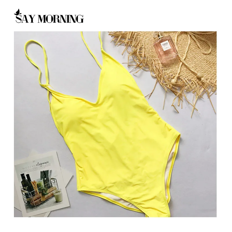 SAY MORNING Sexy Deep V Neck One Piece Swimsuit Removable Chest Pad Biquini Solid Backless Beachwear Swimwear Bathing Swimming-2