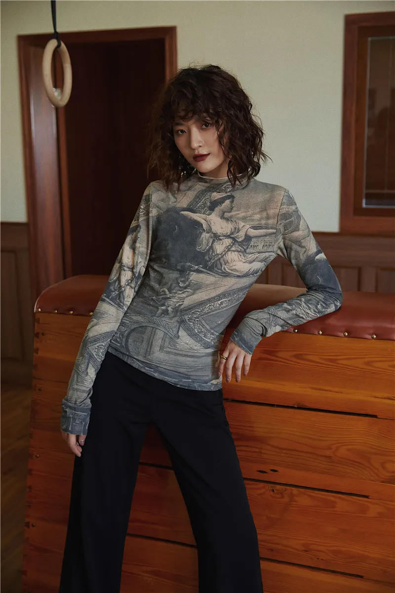 Ceny CHEERART Renaissance Print top w stylu vintage z golfem z długim rękawem bluzka damska elastan bluzka bodycon bluzki damskie ubrania