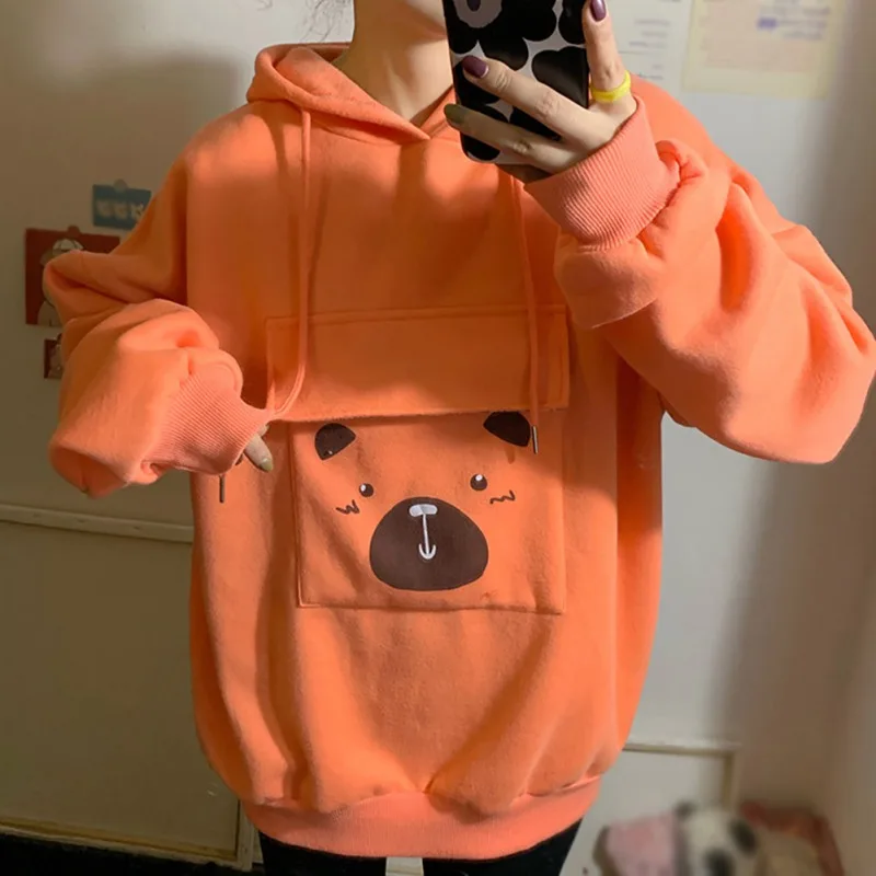 

Korean Style Women Sweatshirt Plus Velvet Thick Print Large Pocket Hooded Pink Orange Bear Creative Cute Outwear One Size