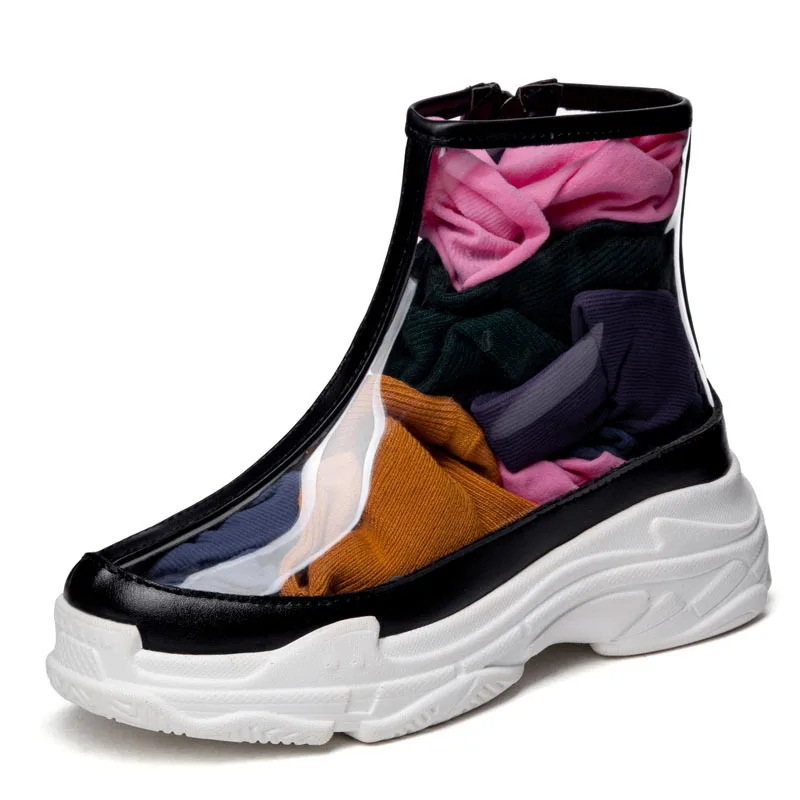 

Leisure Transparent Cozy Vulcanized Shoes Fashion Zipper Increased Platform Shoes Breathable PU Non-Slip Rubber Sole High Heels