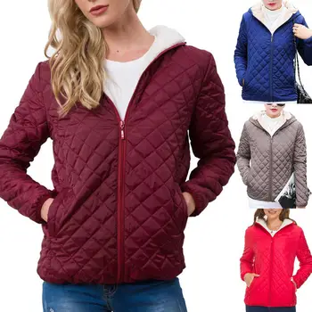 

Casual Women Winter Solid Color Pockets Zipper Fleece Lined Warm Hooded Coat