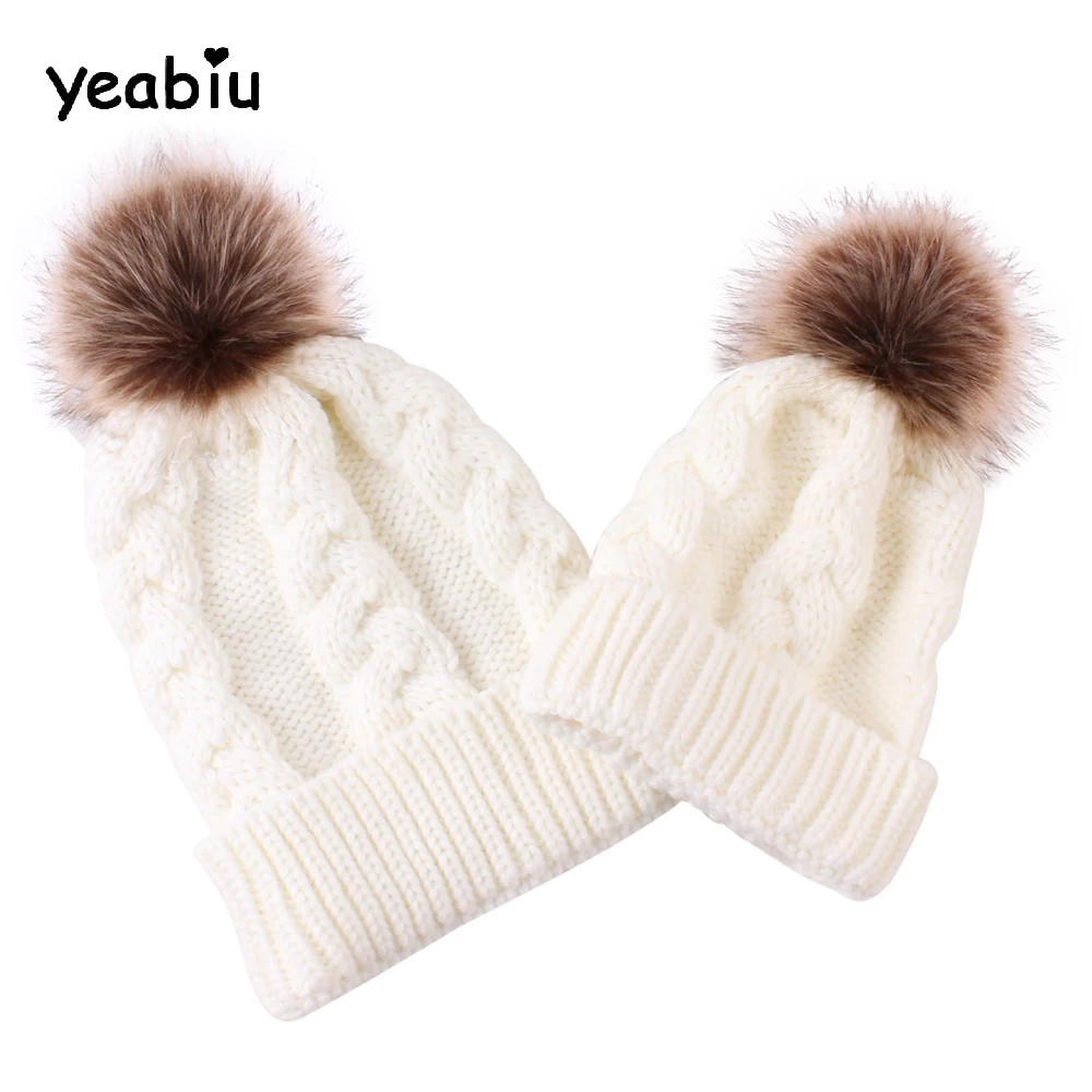 YEABIU новая зимняя шляпка для девочки, теплый помпон для родителей, детский головной убор, Вязаная хлопковая Женская и мужская шапка с помпоном