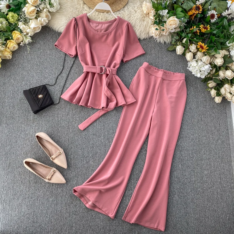 

Fashion Solid 2 Piece Outfits For Women Short Sleeve Tops And Trumpet Pants Suit Set 2020 New Autumn Korean Womens Office Sets
