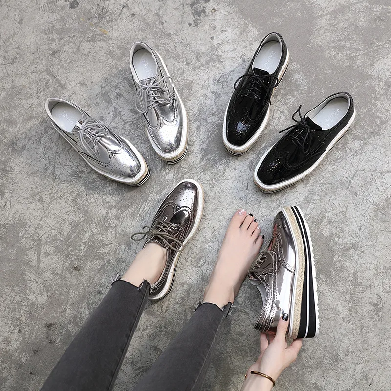 Patent Leather Women Platform Oxfords Brogue Flats Shoes Lace Up Square Toe Brand Female Footwear Shoe For Women Creepers Silver (1)