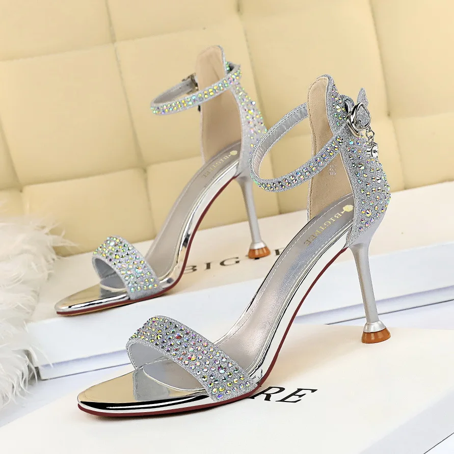 Women Summer Sandals 8.5cm High Heels Rhinestone Crystal Middle Heels Ankle Strappy Sandles Lady Wedding Event Party Gold Shoes