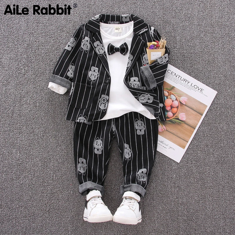 Boy Baby Clothes Suit Jacket T-shirt Pants 3 Piece Set Cartoon Lucky Cat Wedding Bowknot Gentleman |
