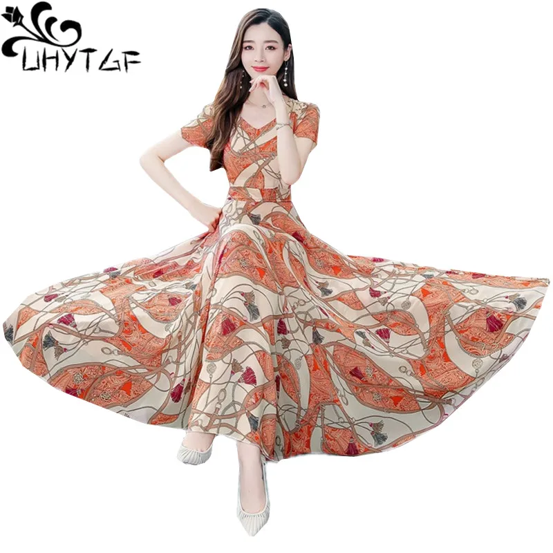 

UHYTGF Fashion Women's Dresses Floral Chiffon Beach Long Dress V-Neck Short Sleeve Summer Dress Casual Big Size Womenswear 1192