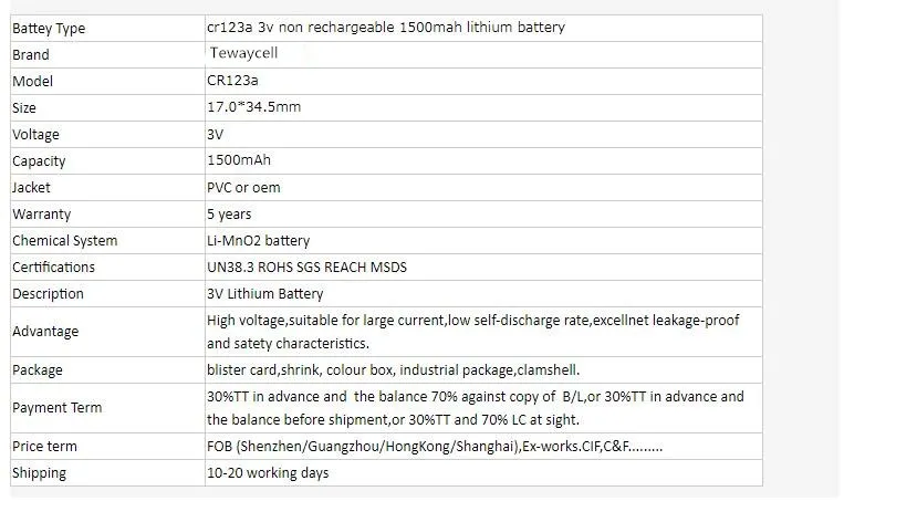 Tewaycell не перезаряжаемая 3v литиевая батарея 1500mAh CR123A батареи для камеры