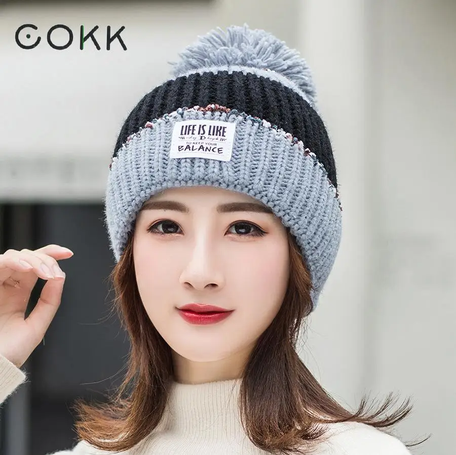 

COKK Womens Beanie Hats Winter Knitted Stripe Ear Protection Hat Cap With Pompom Ball Bonnets Thick Warm Fashion New