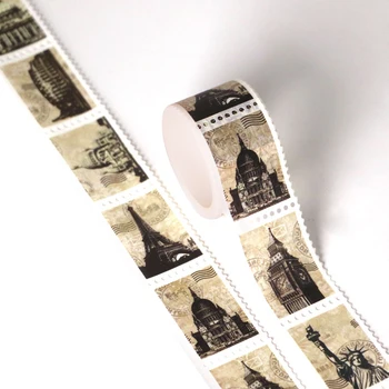 

X1 roll 25mm x 3m stamp retro Big Ben Statue of Liberty Eiffel Tower tape Kawaii DIY Adhesive Tape for Scrapbooking washi tapes
