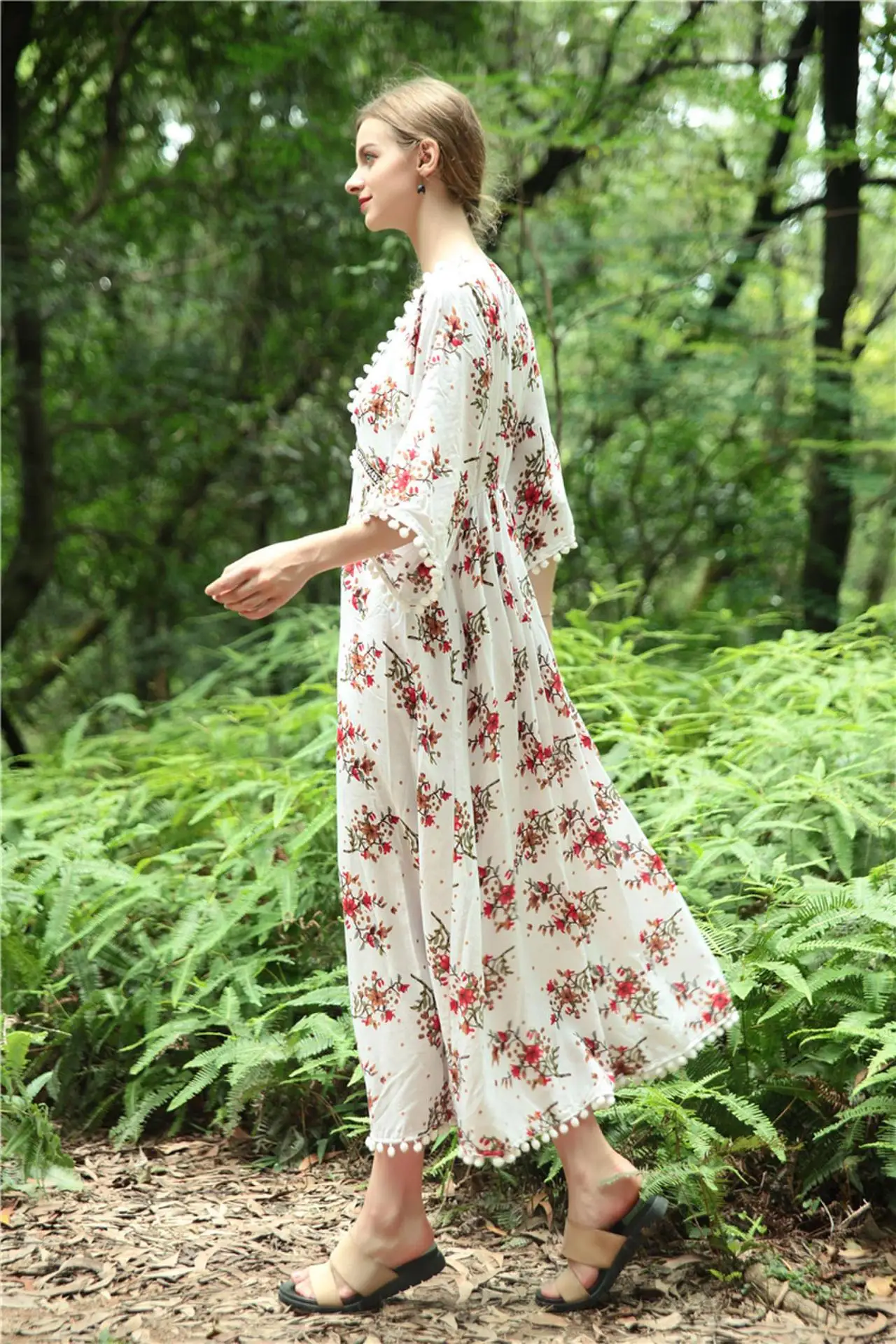 Sexy Pineapple Print Tassels Bohemian Beach Dresses Fashion Loose Holidays Maxi Runway Dress V Neck Flare Sleeve Vestido